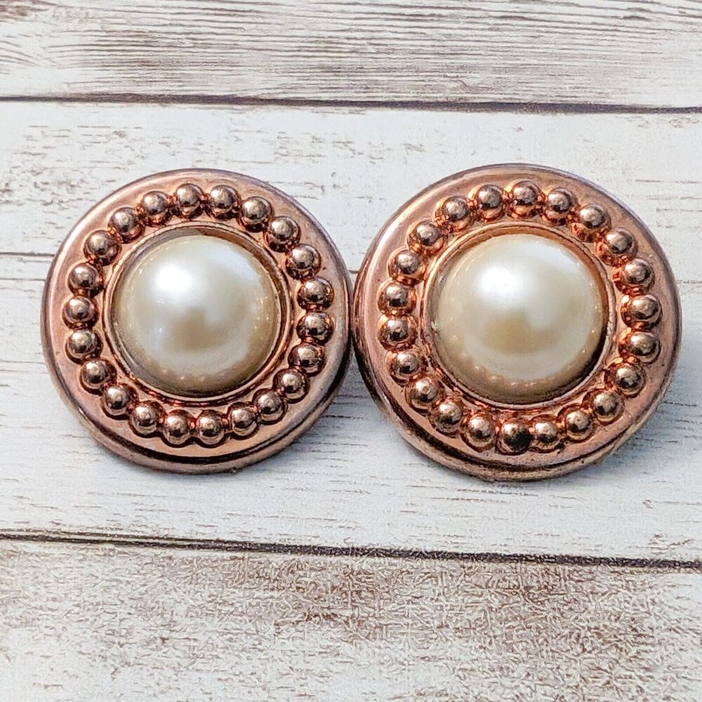 Vintage Clip On Earrings - 1 & 1/8" Copper Tone Halo & Faux Pearl